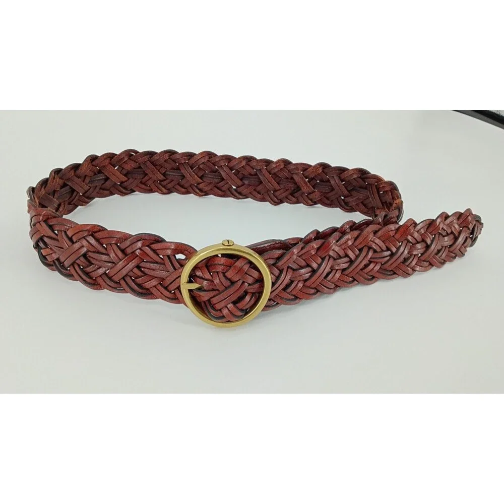 LOFT Woven Braided Leather Belt Brown Gold Circle Buckle Medium Boho Western